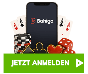 Smartphone mit Casino Chips Spielkarten und grünem Button