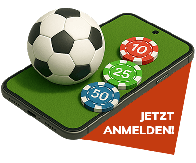 Smartphone mit Fussball und Wettchips auf grünem Hintergrund